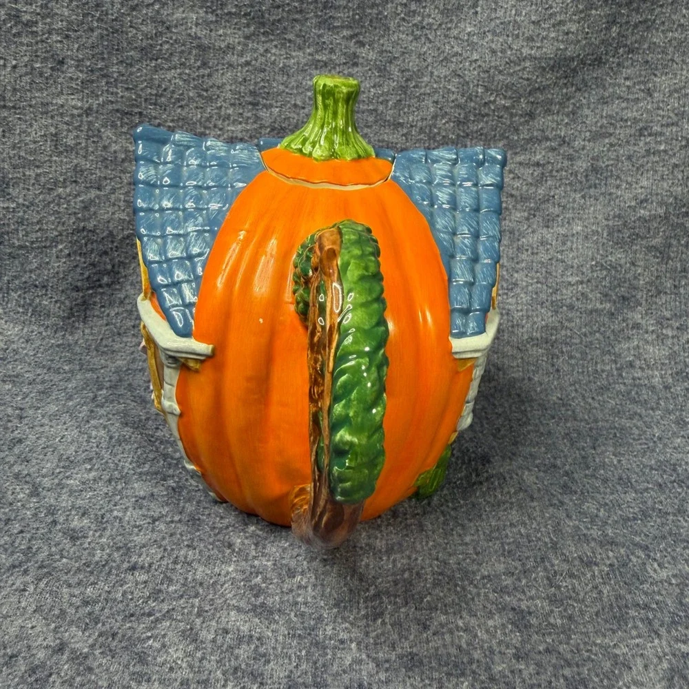 Dept 56 Pumpkin House Teapot + 3 Teacups Set Ceramic Fall Autumn Decor Whimsical